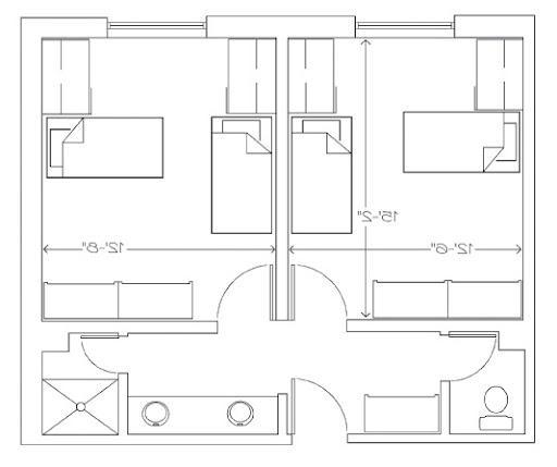 An Architectural floor plan of a suite room in Hillside Hall. 